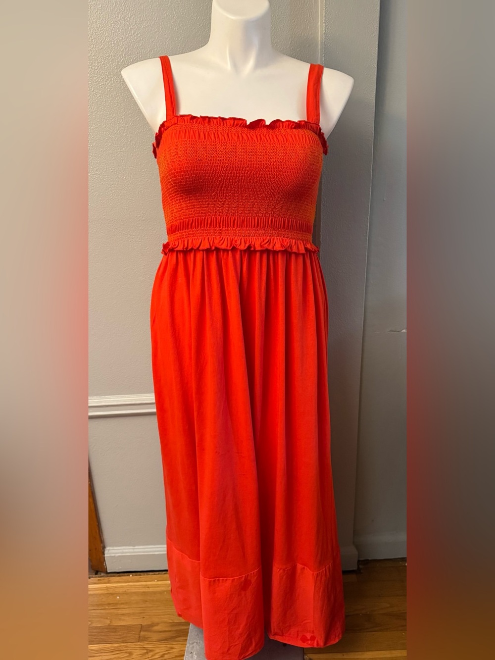 Zara Strapless Smocked Maxi Dress in Bright Orange-Red